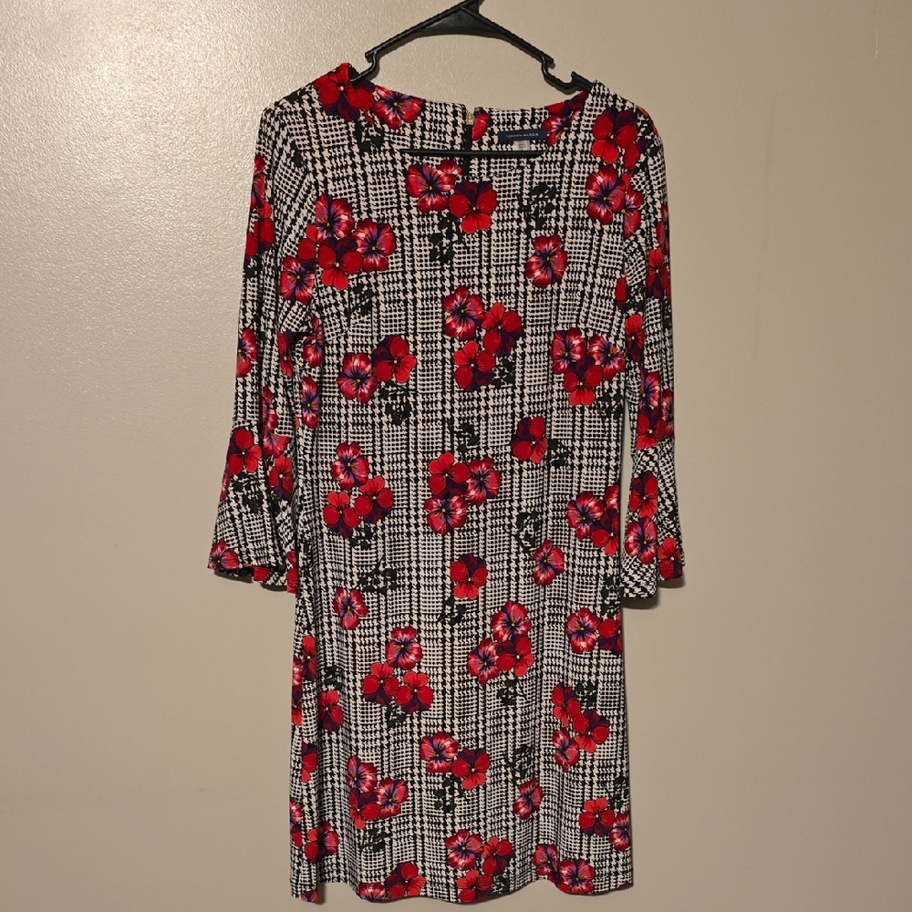 Tommy Hilfiger Women's Houndstooth Floral Print Dress Size 8‎ Black Red